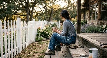 Fototapeta premium Strong woman takes a break from painting the garden fence.