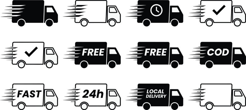 Fast Delivery Truck Icon Set in Flat Glyph Style for E-commerce UI