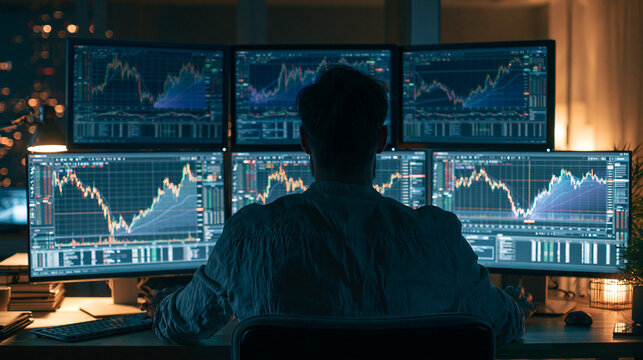 Stock Trading Workspace: Financial Market Data Analysis on Digital Monitors at Night 