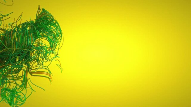 Tangled green and yellow cable wires emerge from the side in a 3D animation loop over a bright yellow backdrop with clear copy space
