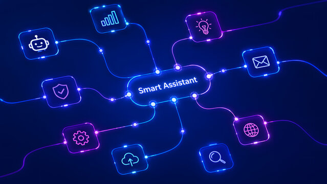 Smart assistant mind map with connecting lines and icons on dark blue background, ai assistant, automation and digital intelligence.