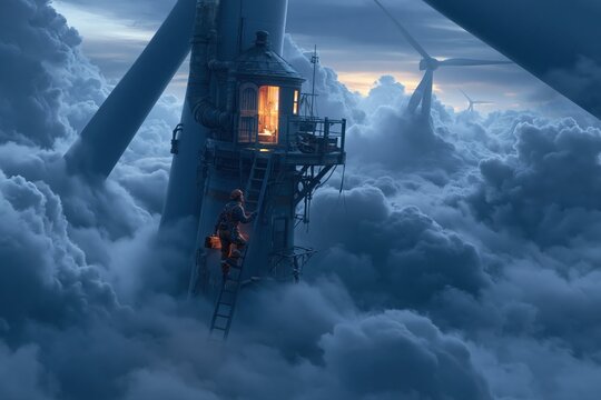 Fantasy Worker Ascend Ladder to Illuminated Structure Above Cloudy Sky