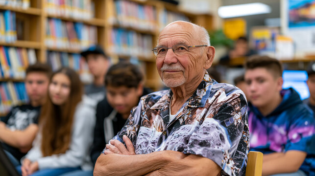 Retired satellite engineer at community library presenting career journey slides to teens in afterschool STEM program, mentorship moment, aerospace career inspiration, youth education outreach, libr