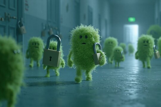Fuzzy Green Creatures with Padlocks Walk Down a Dark Hallway