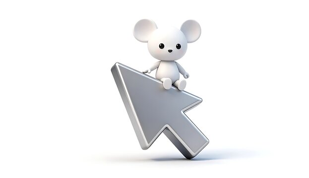  Cute 3D white mouse character sitting on a giant metallic cursor arrow. Funny computer mouse pun and web navigation concept isolated on white background.