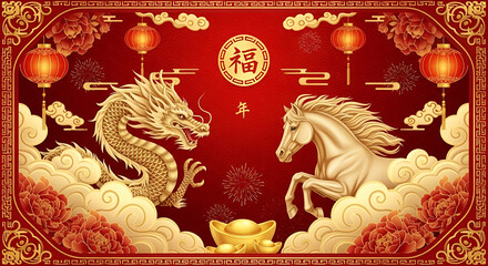 Fototapeta premium Chinese New Year Red Festive Background with Golden Dragon Horse and Traditional Decorations