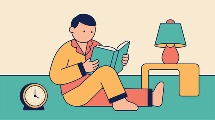 Obraz premium A flat vector illustration of a man in pajamas sitting on the floor reading a book next to a bedside lamp and clock, conveying a calm, relaxing, and cozy evening mood.
