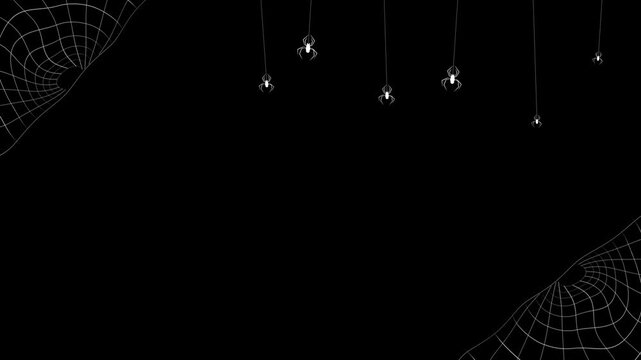 Minimal spider web Halloween hanging white spiders, black empty space, clean corner web design. Perfect for spooky videos, horror titles, seasonal intros, party invites, and dark motion overlays.