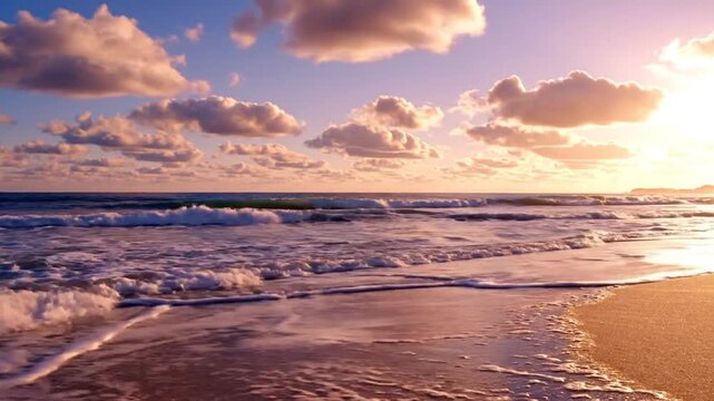 Seaside Serenity: Gentle waves lap the shore of a tranquil beach as the sun sets, casting a warm, golden glow across the sky filled with soft, diffused clouds.