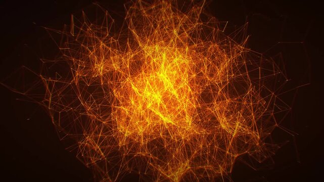 Glowing golden particles form an intricate neural network node in a dynamic 3D render suitable for artificial intelligence and big data presentations