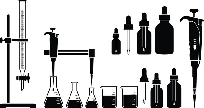 Chemistry laboratory equipment icon set featuring micropipette burette stand erlenmeyer flask beaker and dropper bottle vectors