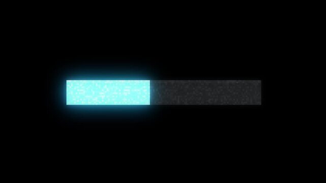 Cyan glitch loading bar horizontal progress block, black empty space, and digital scan distortion. Perfect for software loading screens, system updates, tech transitions, and motion overlays.