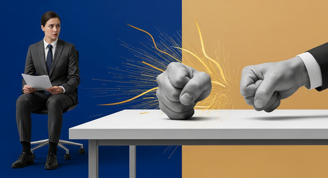 A woman in a suit looks surprised as a fist hits a desk, representing business confrontation or pressure.