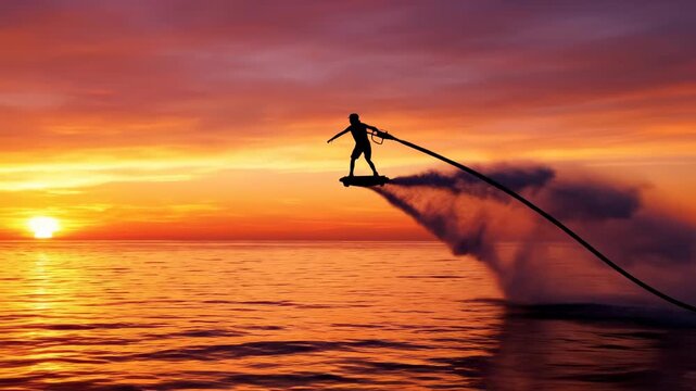 An adventurous person performs a thrilling water jetpack maneuver above the ocean waves during a vibrant golden sunset as the horizon glows with intense orange and deep purple evening light