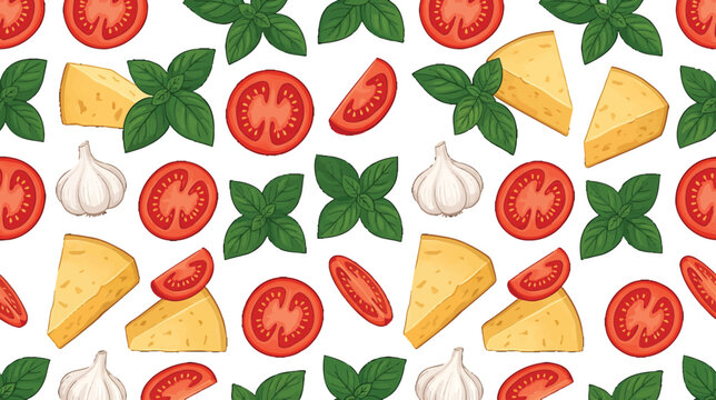 Seamless pattern with fresh tomatoes basil leaves garlic cloves and cheese wedges on white background vector illustration