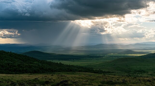 Beautiful and breathtaking view of rain over distant hills. Landscape of rainy hamra over hills.