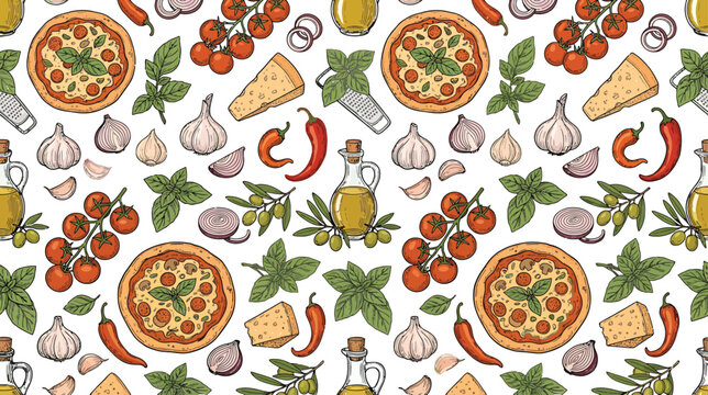 Seamless pattern with hand drawn pizza ingredients including tomatoes basil cheese garlic and olive oil vector illustration