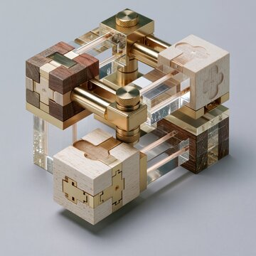 Intricate wooden and brass puzzle with clear acrylic elements on gray