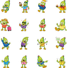 Obraz premium Colorful cactus mascots writing, traveling, partying, dancing, singing, expressing love, laughter, intelligence, seasonal moods 
