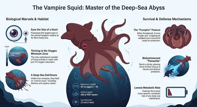 Educational infographic exploring the vampire squid, its deep-sea adaptations, anatomy, feeding ecology, bioluminescence and evolution.