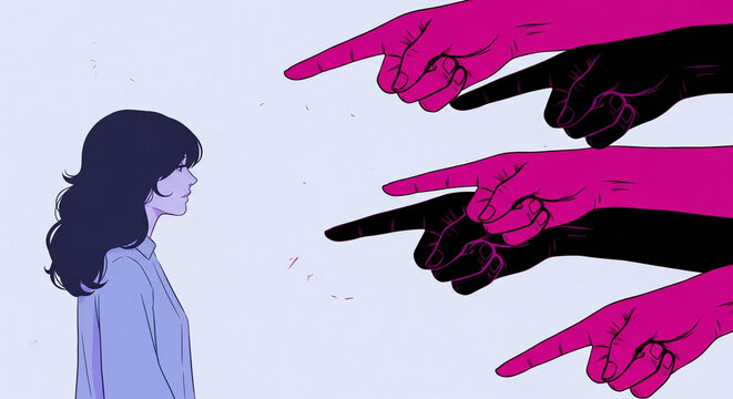 A young woman is accused by multiple accusing fingers, symbolizing judgment, criticism, and social pressure on a pale background