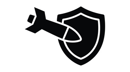 Cyber security concept icon featuring missile striking defensive shield symbol representing protection against digital attack threats. © MST DESIGN