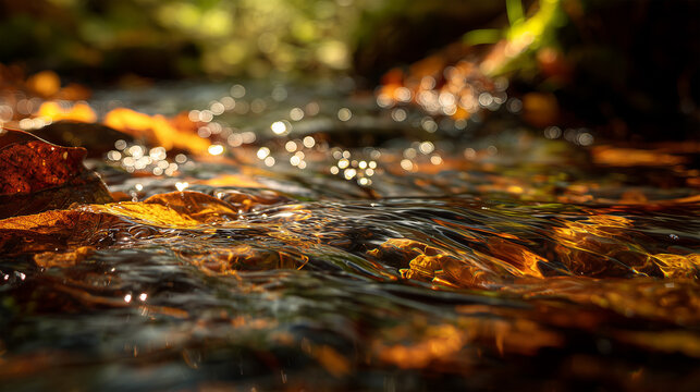 Flowing stream through autumn leaves with sunlight creating highlights in the forest