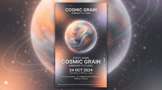 Poster design featuring a stylized planet displays event details for an ambient electronic music concert in October.