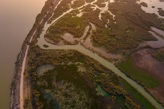 Aerial view of Qadirabad Head Works Bridge spanning the Chenab River, surrounded by lush wetlands, marshy vegetation, and winding waterways in Wazirabad, Punjab, Pakistan.