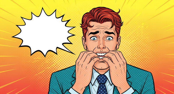 Man biting fingernails in distress, with a blank speech bubble, symbolizing anxiety, fear, or worry, pop art style. free space, text, mockup, blank