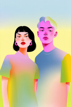 Diverse Young Queer Couple in Colourful LGBTQ Pride Illustration