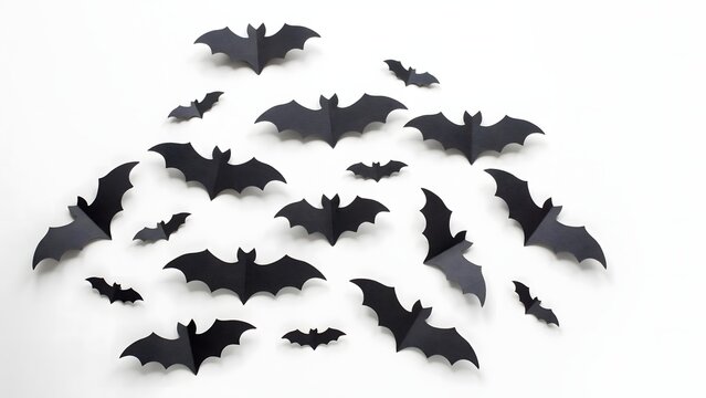 Black paper bats for Halloween decoration. Flying bat silhouettes for spooky party decor.