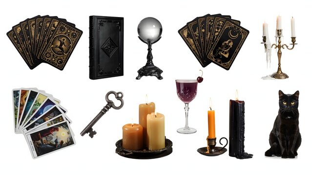 Halloween magic items collection. Witchcraft tools and occult objects isolated on white.