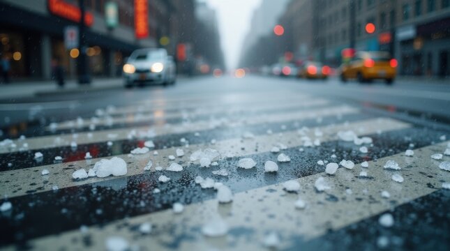 Granizos rebotando sobre el asfalto negro, junto a las l&iacute;neas pintadas de un paso de peatones