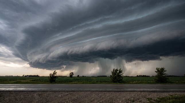 Destructive thunderstorm over farmland, massive shelf cloud and heavy rain shaft, panoramic severe weather landscape with dramatic horizontal copy space