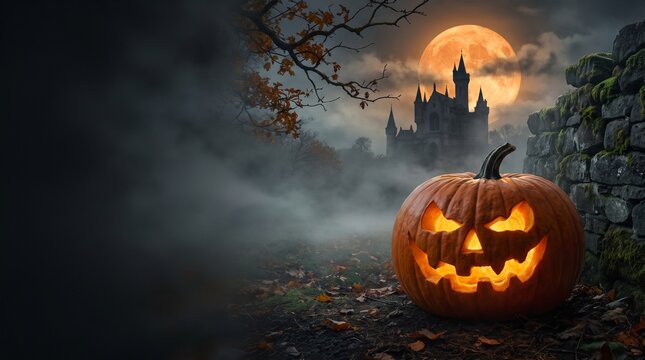 Jack-o'-Lantern background, giant glowing carved pumpkin resting beside ancient stone wall under dramatic harvest moon, gothic castle silhouette in the distance