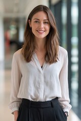 Fototapeta premium female administrative employee standing in modern engineering office with confident smile, professional office worker in architecture and construction company headquarters