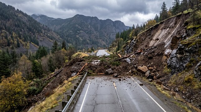 Rain triggered landslide, wet earth and rocks blocking mountain road, horizontal infrastructure disaster landscape with empty foreground copy space