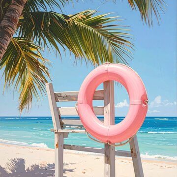 Bright Pink Life Ring Suspended on Wooden Lifeguard Chair at Sunny Beach
