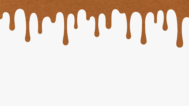 Caramel brown paint drip from paper isolated on white background with copy space. Abstract flowing liquid splash template