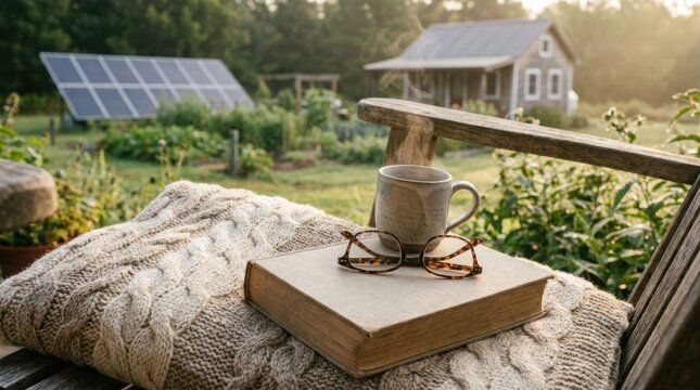 Steaming cup of coffee sits on book with glasses on cozy blanket. Autonomous house with solar panel background. Rural self sufficient lifestyle and sustainable living in nature concept.