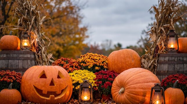 Circleville Pumpkin Show wallpaper, enormous carved and natural pumpkins surrounded by vibrant chrysanthemums, corn stalks, rustic wooden barrels and glowing lanterns
