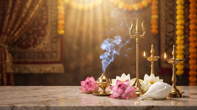 Durga Puja wallpaper, sacred trident, lotus flowers, conch shell, glowing incense smoke and golden oil lamps arranged on polished marble beneath warm divine light