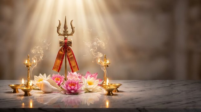 Durga Puja wallpaper, sacred trident, lotus flowers, conch shell, glowing incense smoke and golden oil lamps arranged on polished marble beneath warm divine light