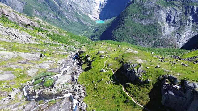 Aerial Flight Along Mountain Hiking Trail at Oldeskaret in Stryn, Norway