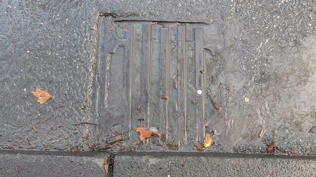 Regenwasser staut sich an einem durch Laub verstopften Stra&szlig;enablauf bei Starkregen