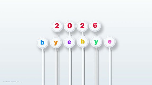2026 bye , trends 2026, 3d typography, signboard pins, 3d discs, red numbers, rainbow letters, future trends, market vision, business forecast, 1080p, motion graphic, stock video, studio lighting, s