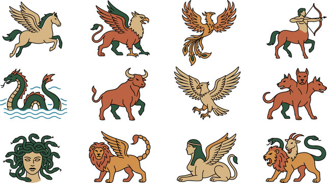 Ancient Greek Mythology Mythical Creature Icon Set Featuring Pegasus Centaur Medusa Sphinx Griffin Phoenix Cerberus Chimera and Minotaur Vector Designs