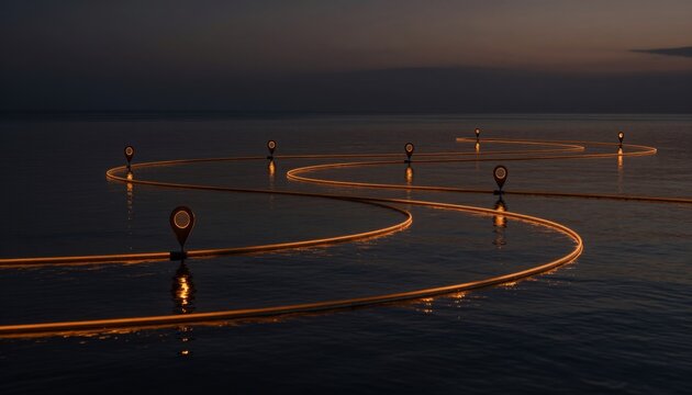 Glowing Illuminated Navigation Markers on Dark Ocean Surface