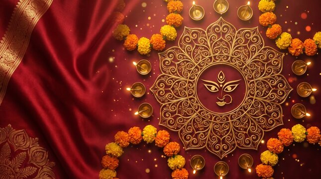 Durga Puja wallpaper, elegant Durga eyes motif emerging from intricate golden mandala, rich red silk textures, marigold garlands, sacred lamps and divine glowing particles